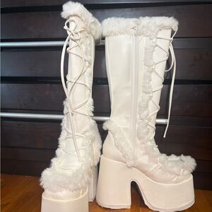 Women's White Faux Fur, Vegan Leather Platform Demonia Boots
